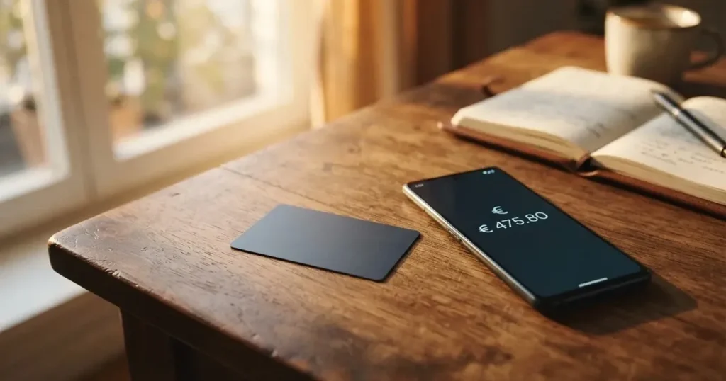 A payment card next to a phone with a crypto wallet app open