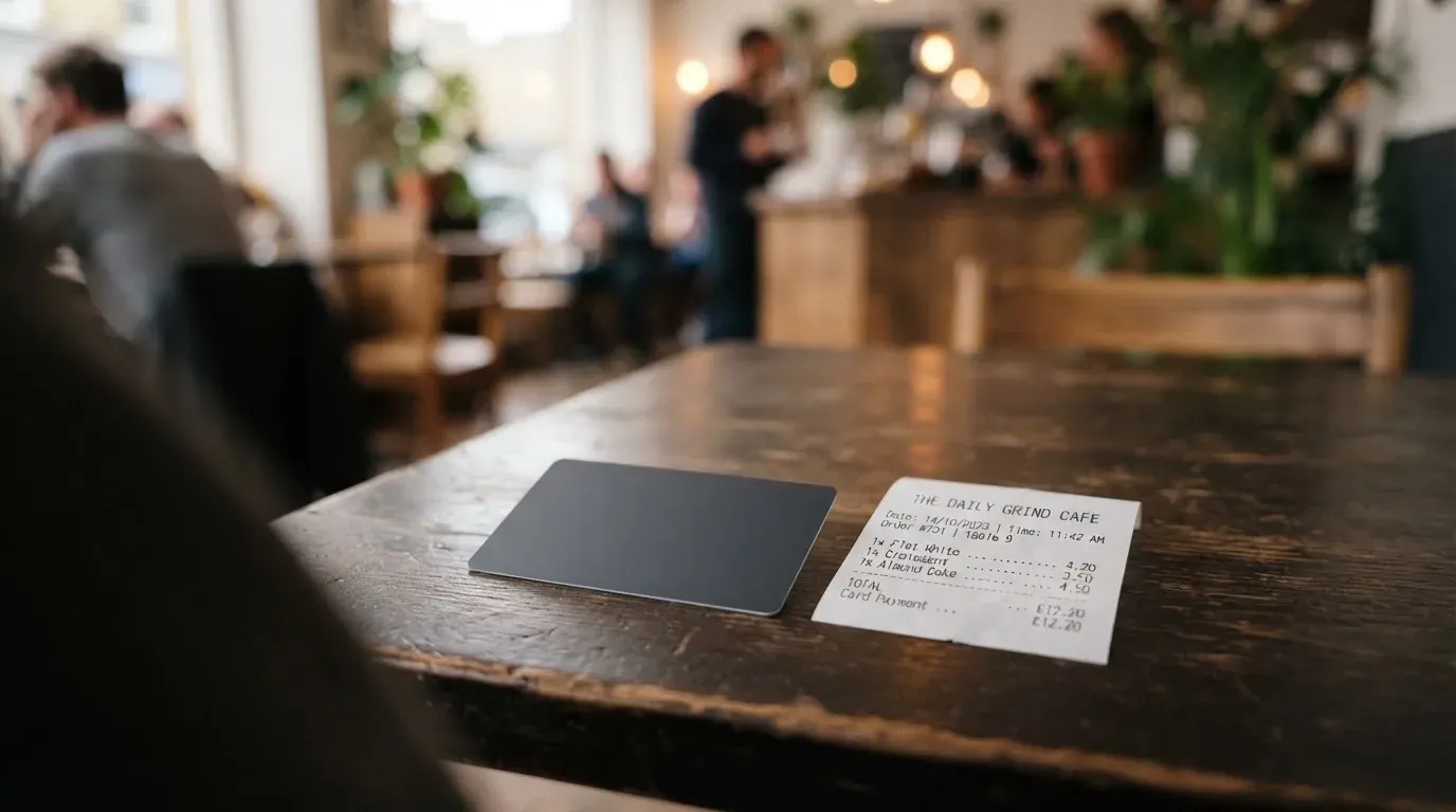 A receipt and a card on a café table