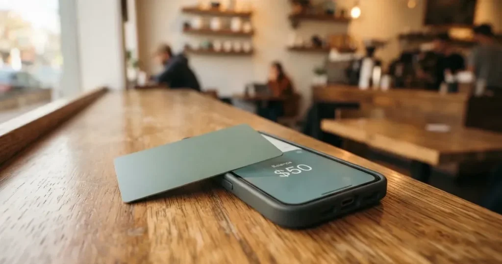 A payment card next to a phone with a crypto wallet app open