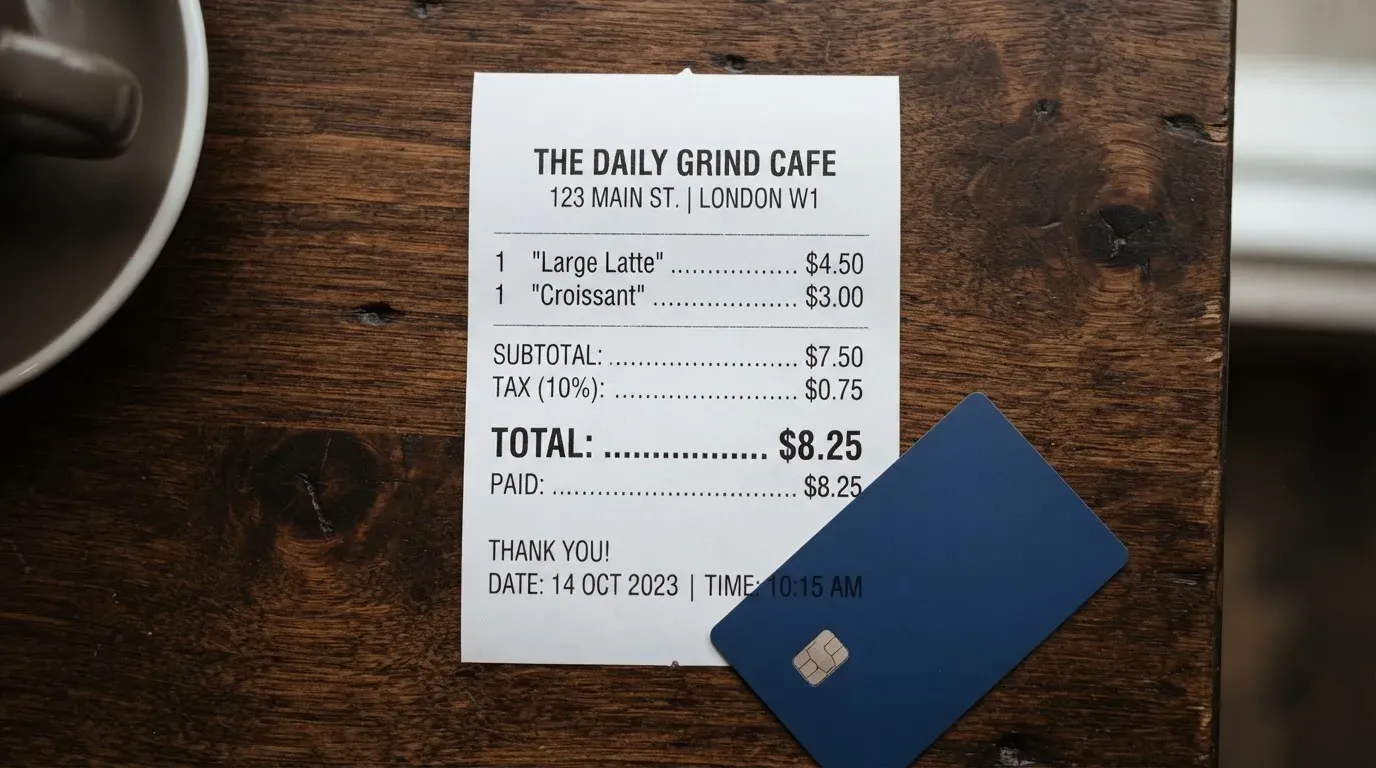 A receipt and a card on a café table