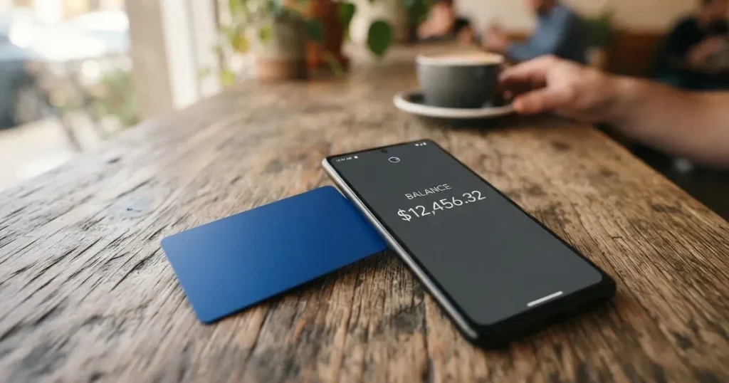 A payment card next to a phone with a crypto wallet app open