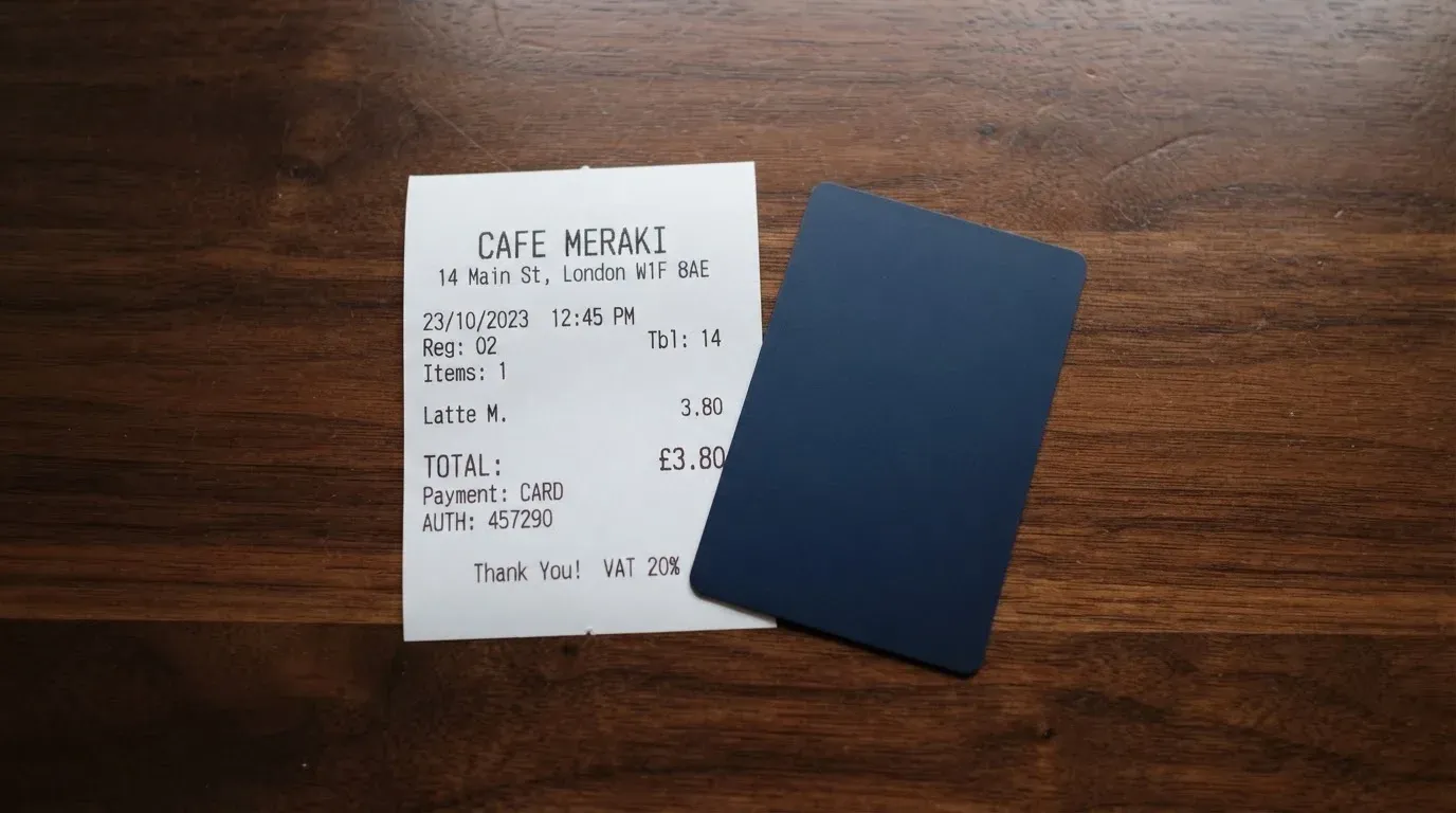 A receipt and a card on a café table