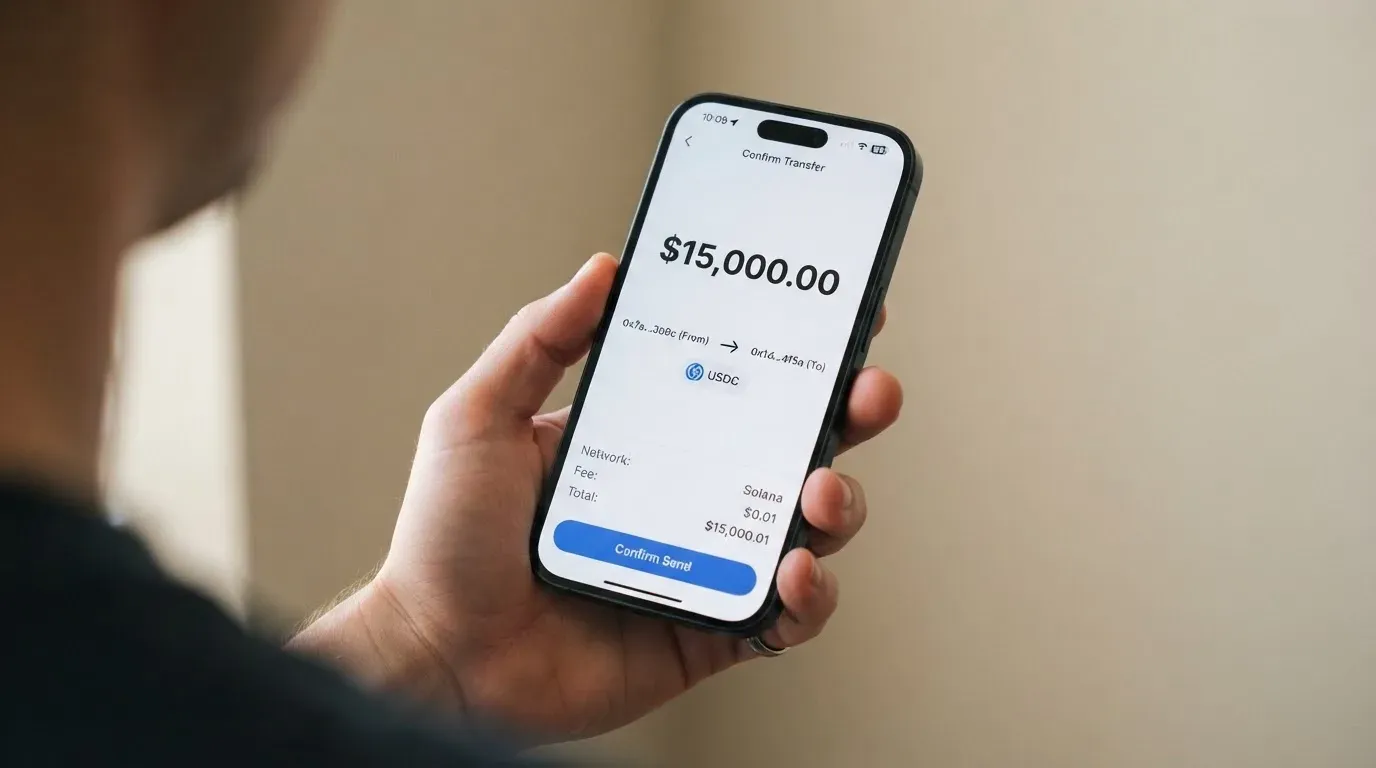 A phone showing a stablecoin transfer screen