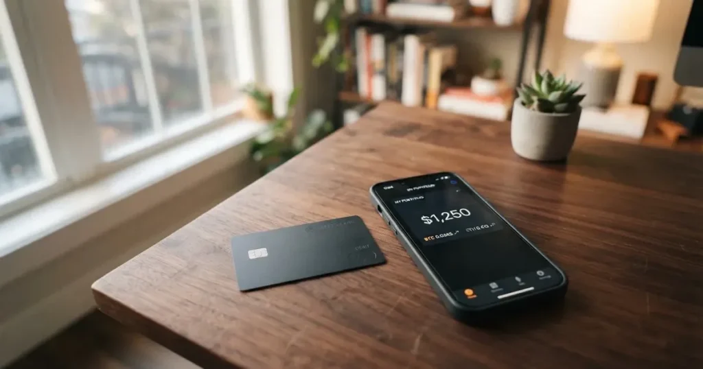 A payment card next to a phone with a crypto wallet app open