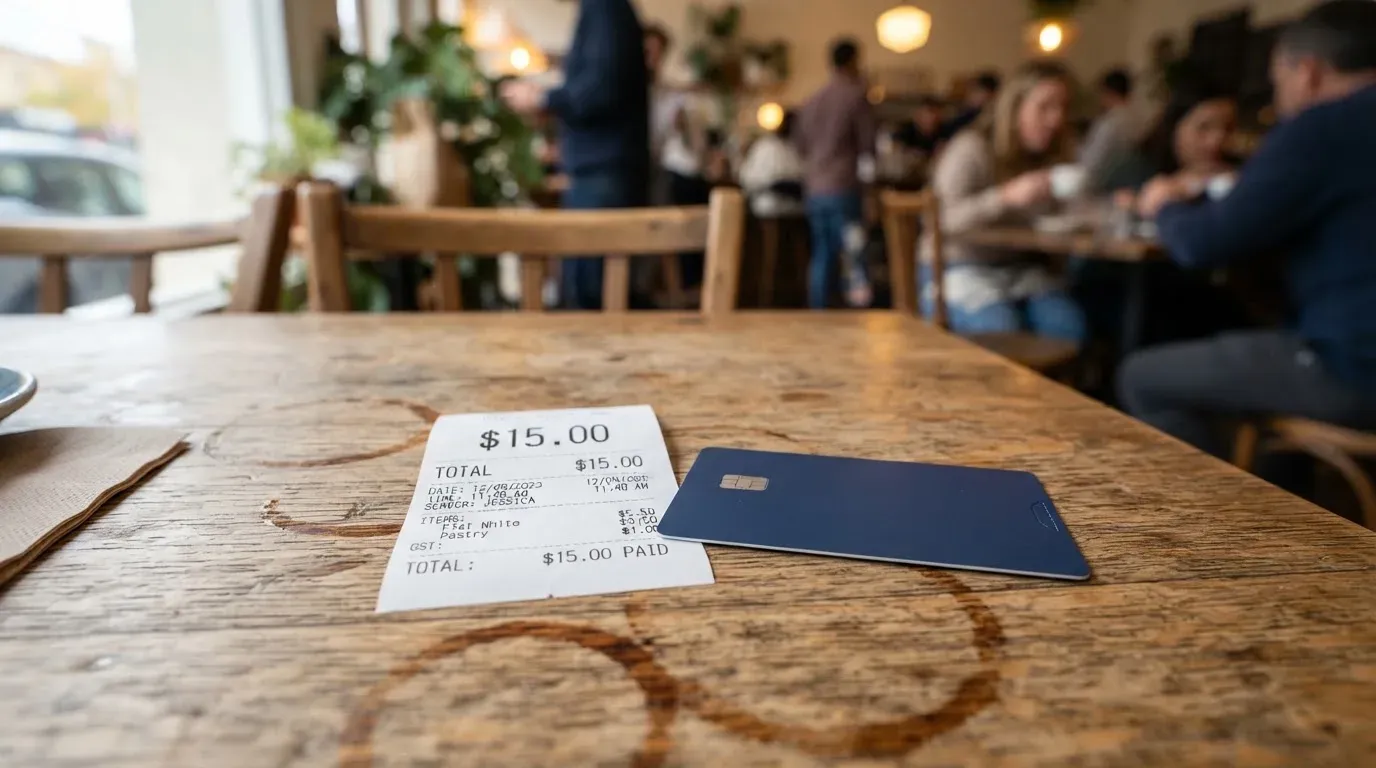 A receipt and a card on a café table