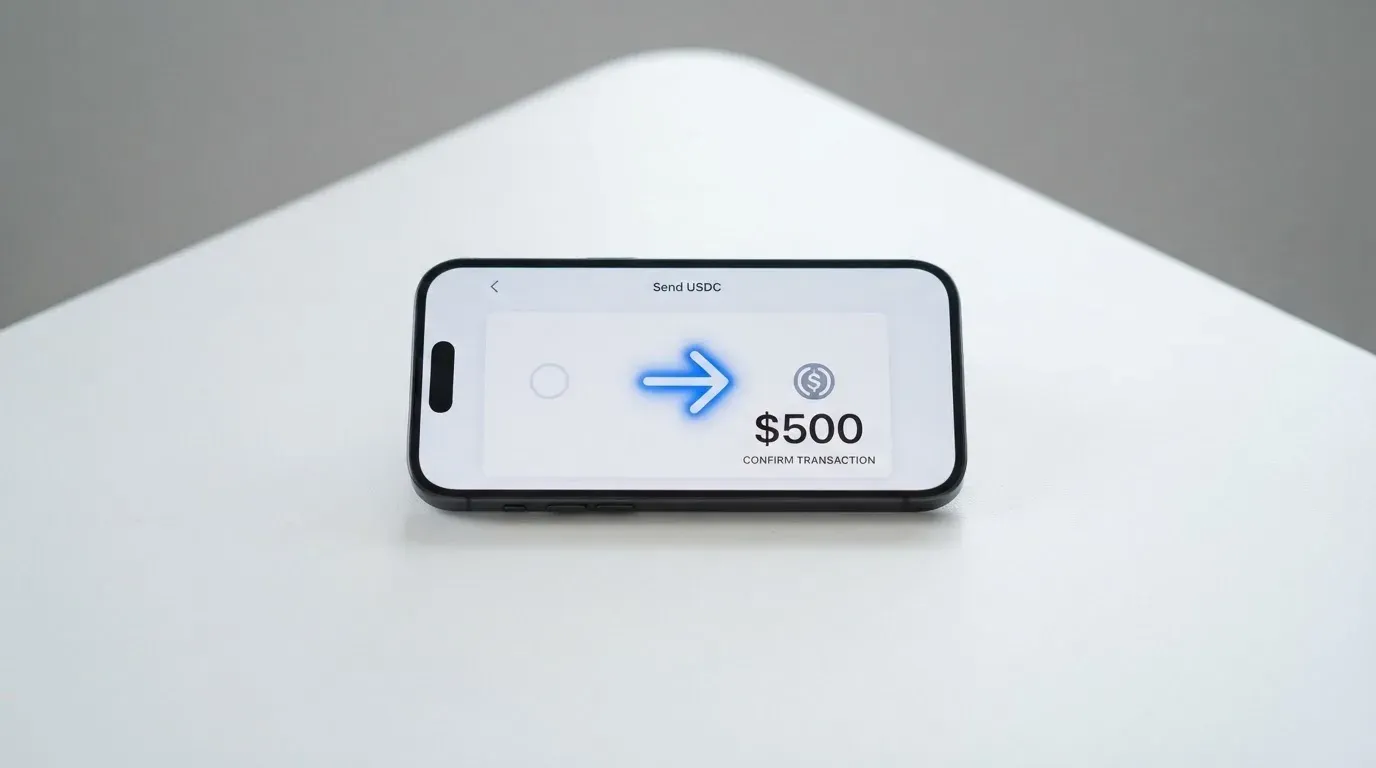 A phone showing a stablecoin transfer screen
