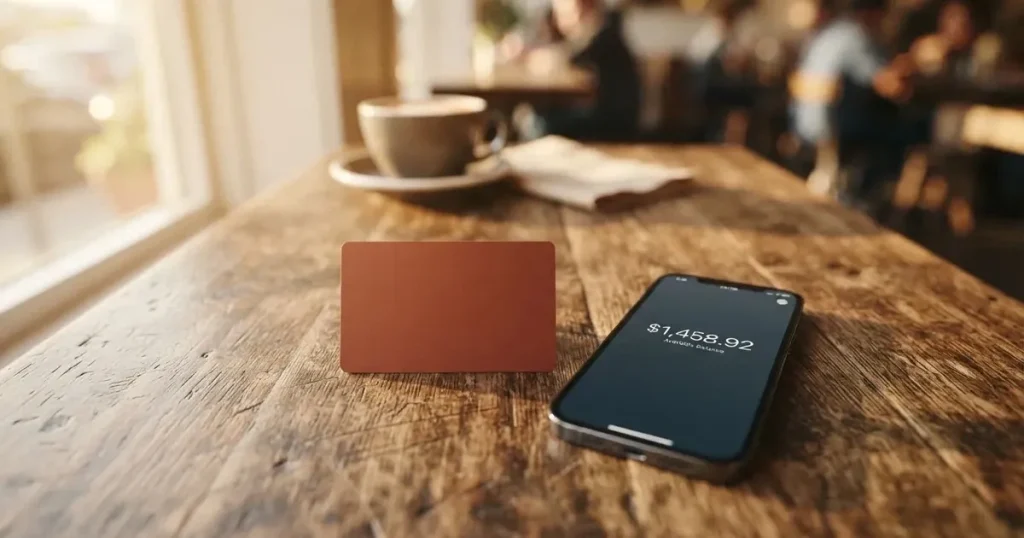 A payment card next to a phone with a crypto wallet app open