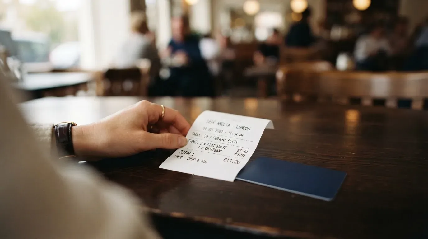 A receipt and a card on a café table