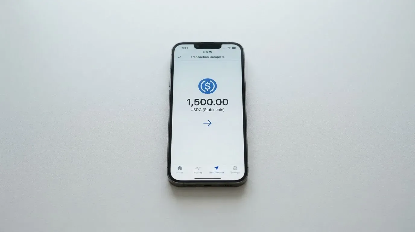 A phone showing a stablecoin transfer screen