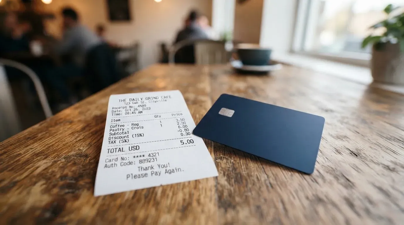 A receipt and a card on a café table