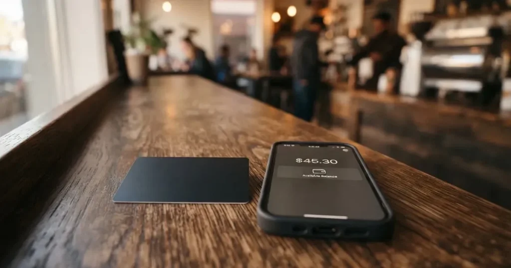 A payment card next to a phone with a crypto wallet app open