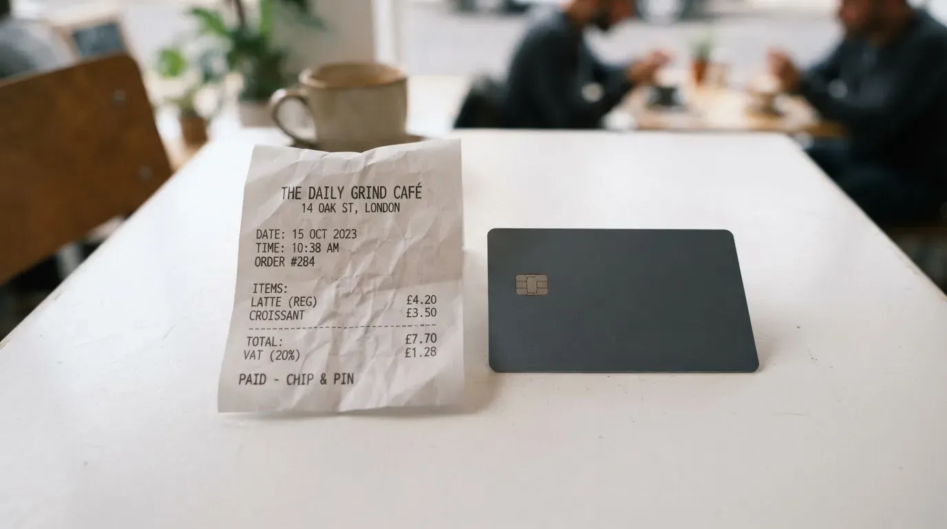 A receipt and a card on a café table
