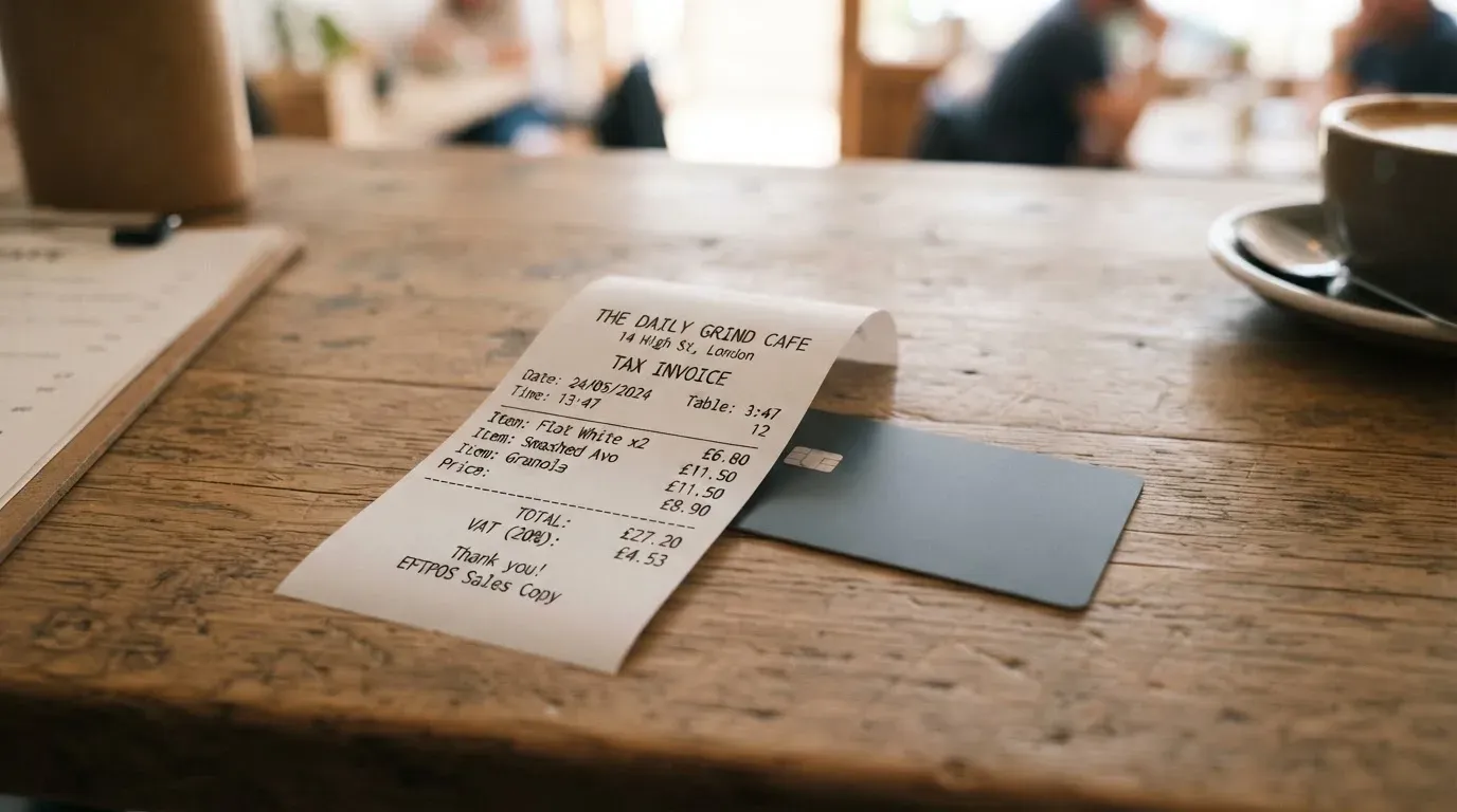 A receipt and a card on a café table