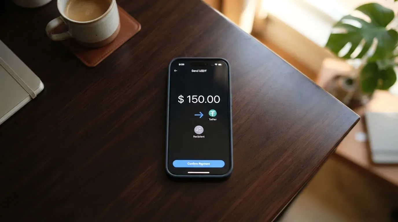 A phone showing a stablecoin transfer screen