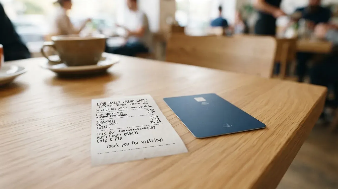 A receipt and a card on a café table