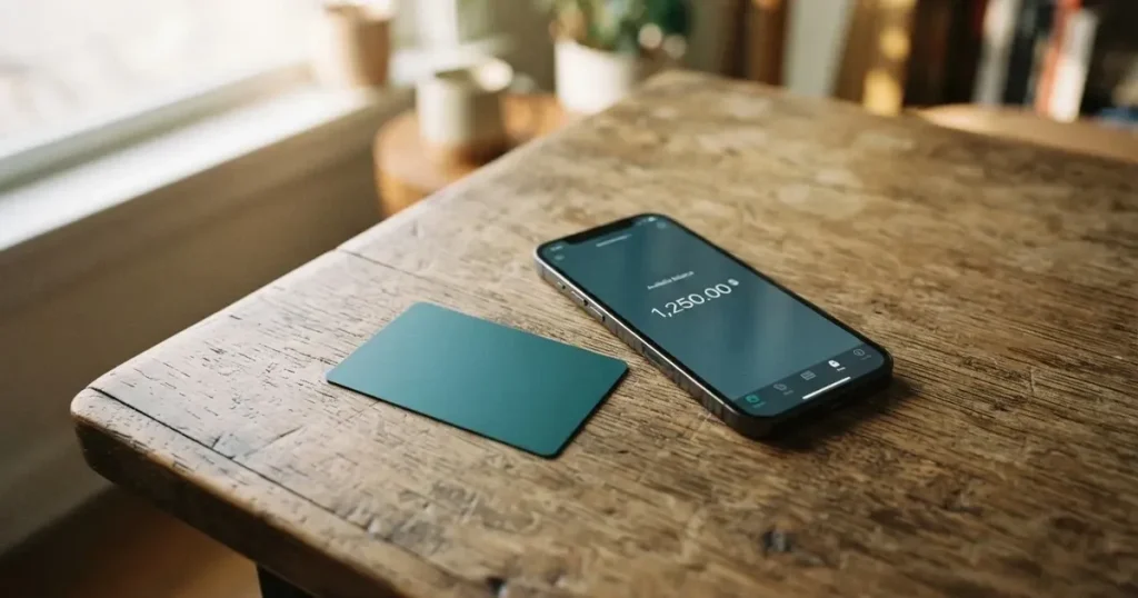 A payment card next to a phone with a crypto wallet app open