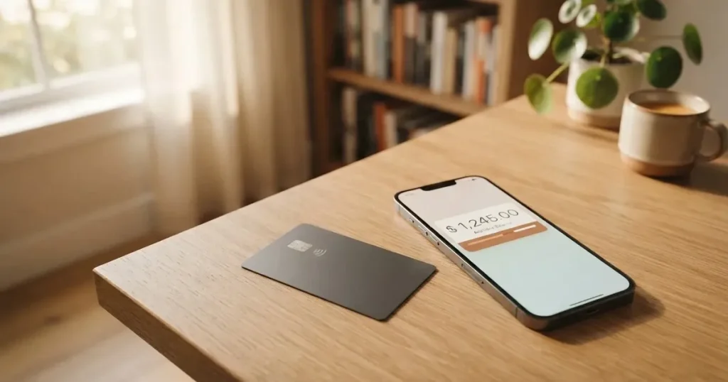 A payment card next to a phone with a crypto wallet app open