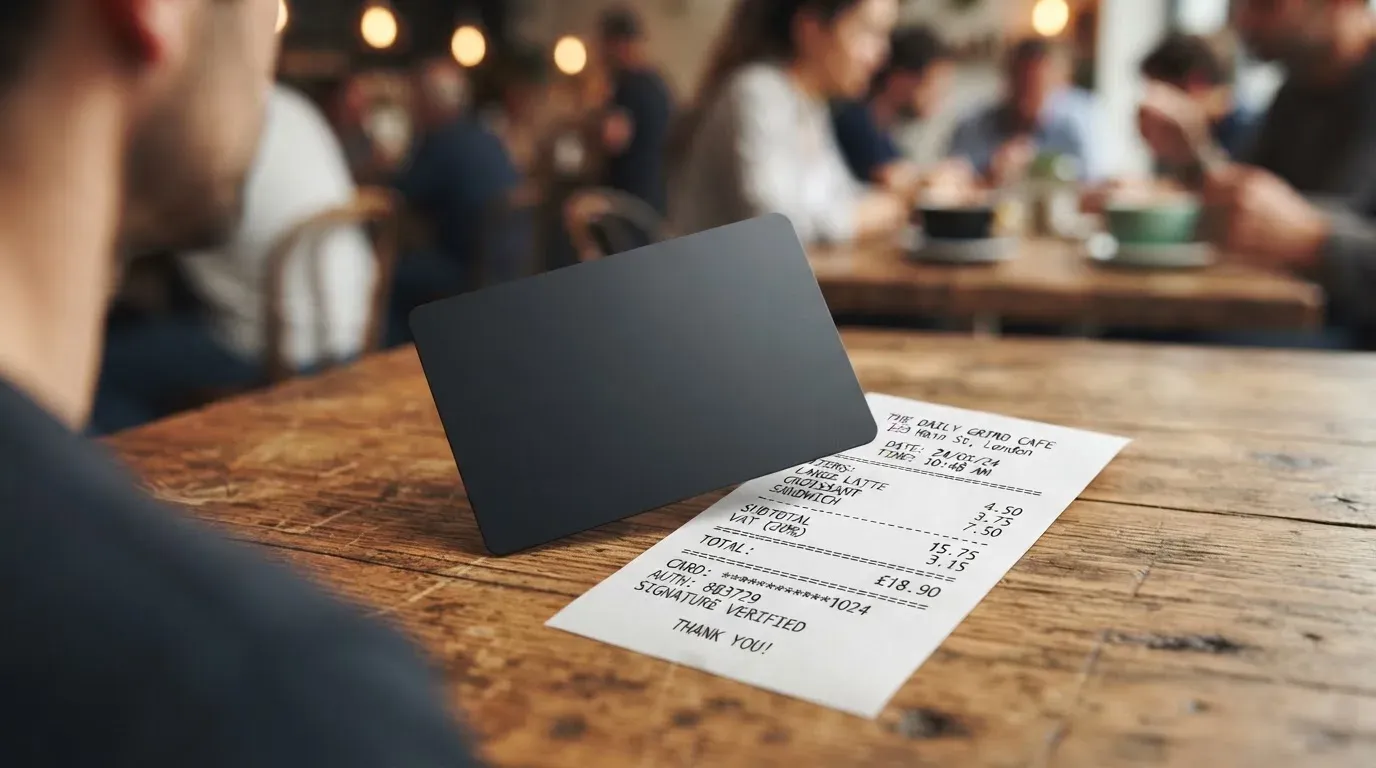 A receipt and a card on a café table