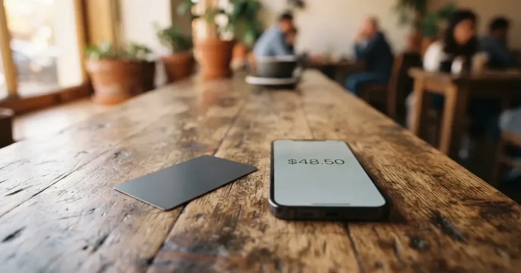 A payment card next to a phone with a crypto wallet app open