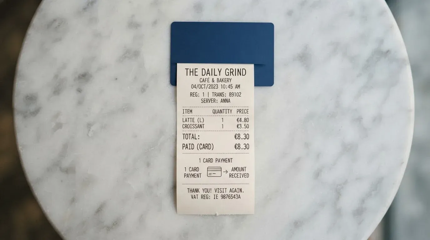 A receipt and a card on a café table