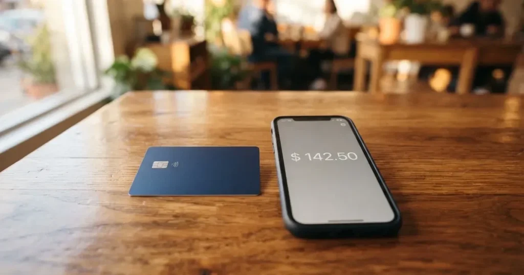A payment card next to a phone with a crypto wallet app open