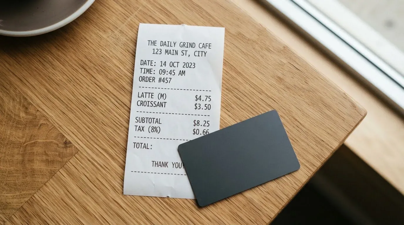 A receipt and a card on a café table