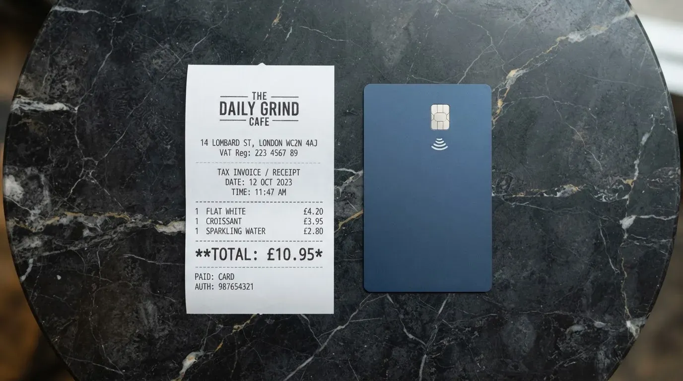 A receipt and a card on a café table