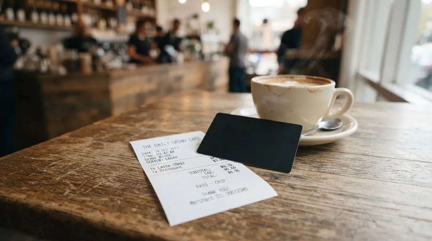 A receipt and a card on a café table