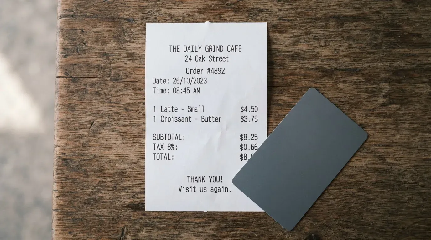 A receipt and a card on a café table
