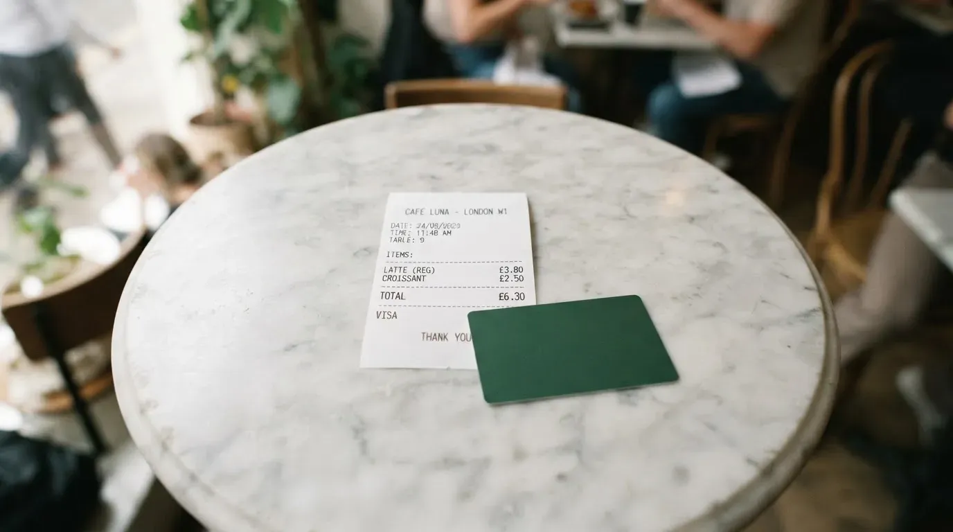 A receipt and a card on a café table