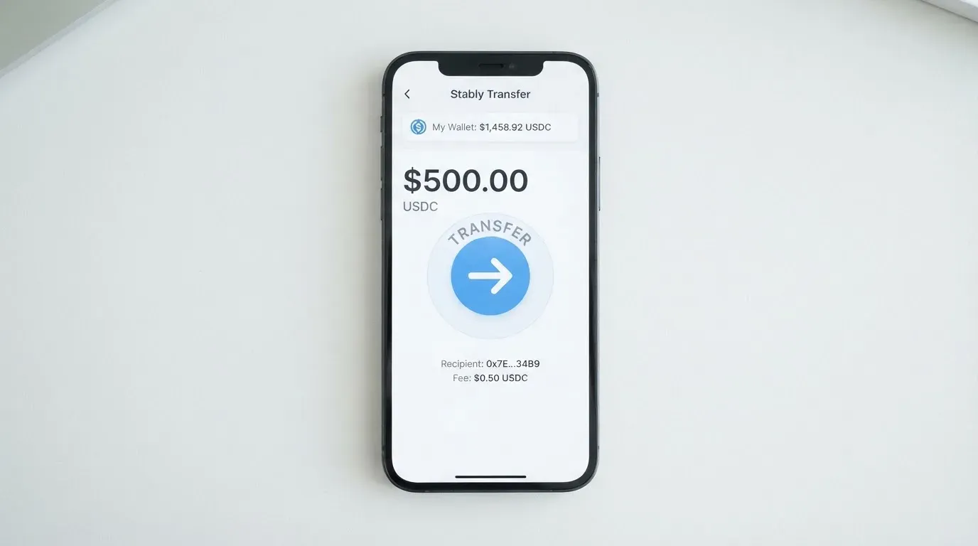 A phone showing a stablecoin transfer screen