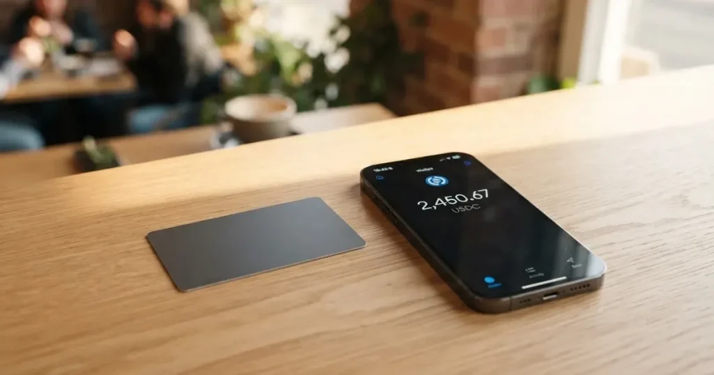 A payment card next to a phone with a crypto wallet app open