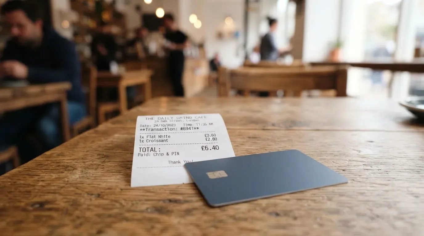 A receipt and a card on a café table