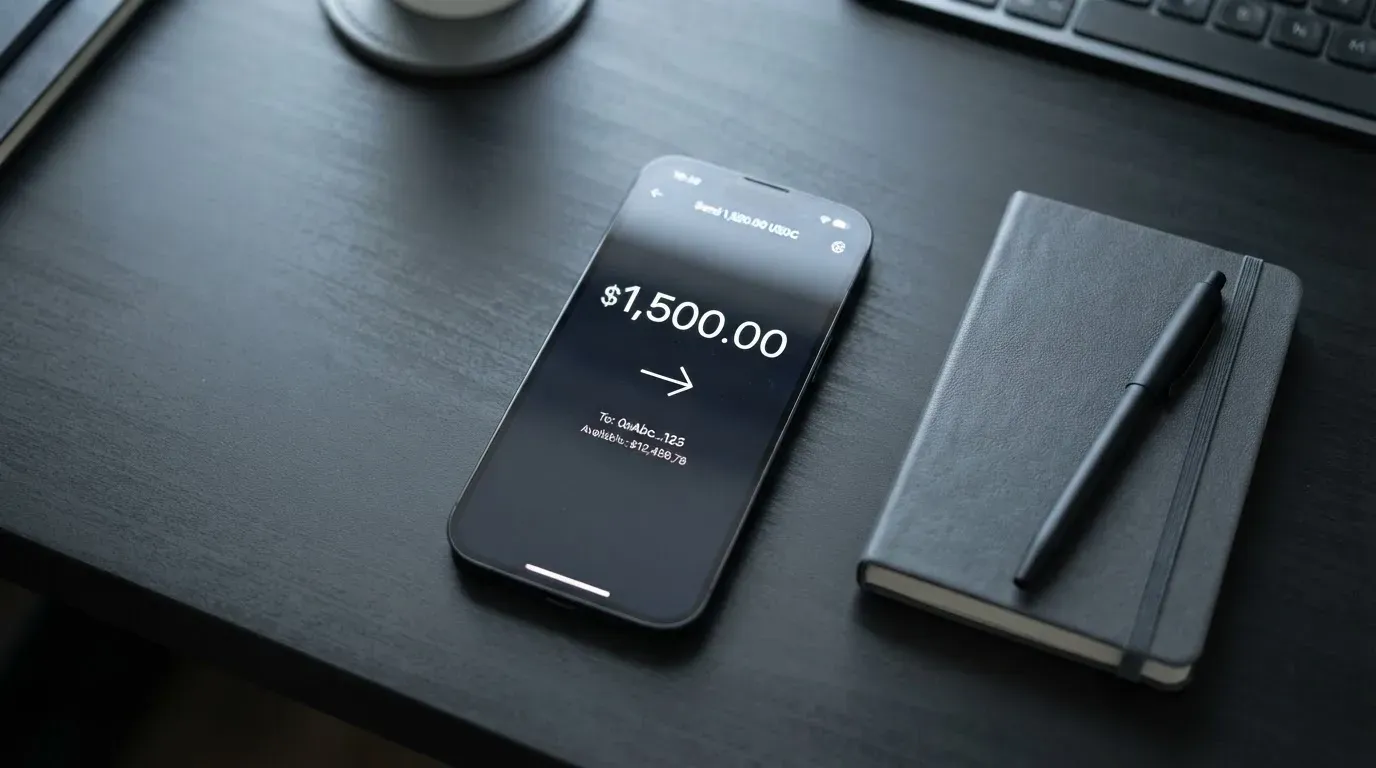 A phone showing a stablecoin transfer screen