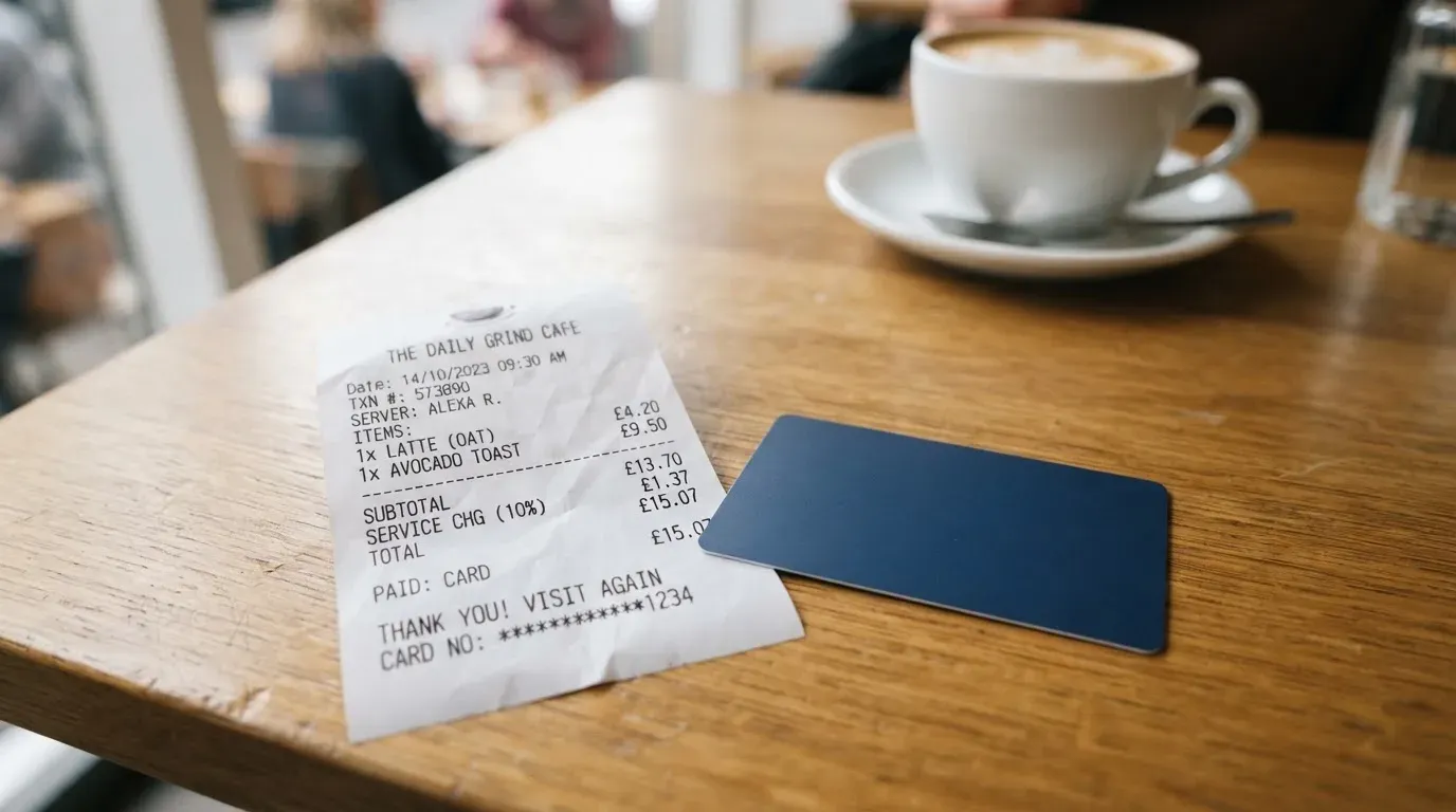 A receipt and a card on a café table