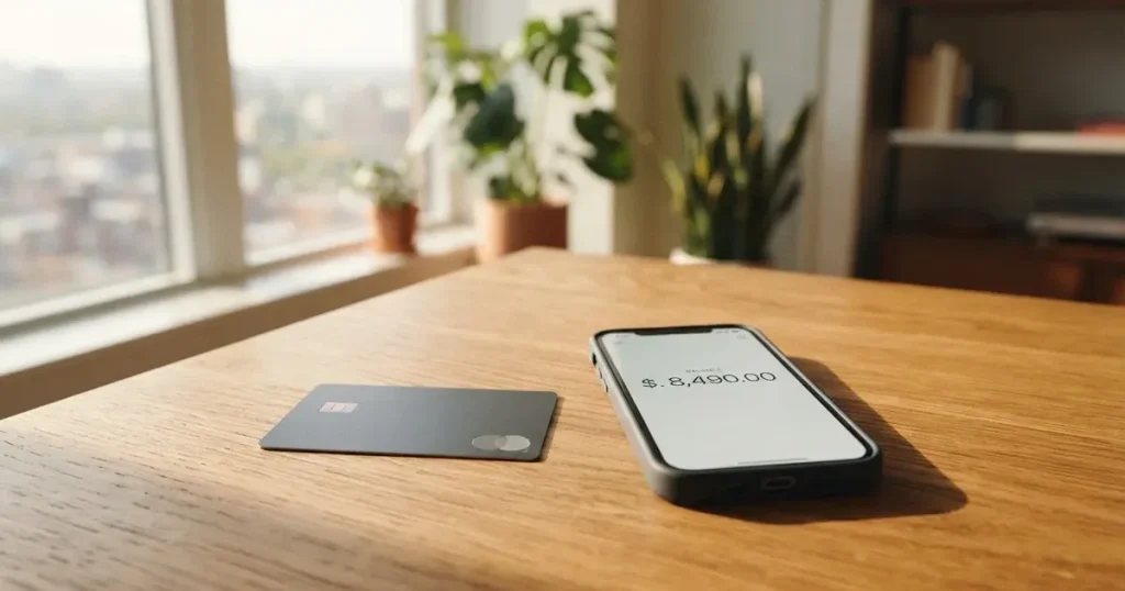 A payment card next to a phone with a crypto wallet app open