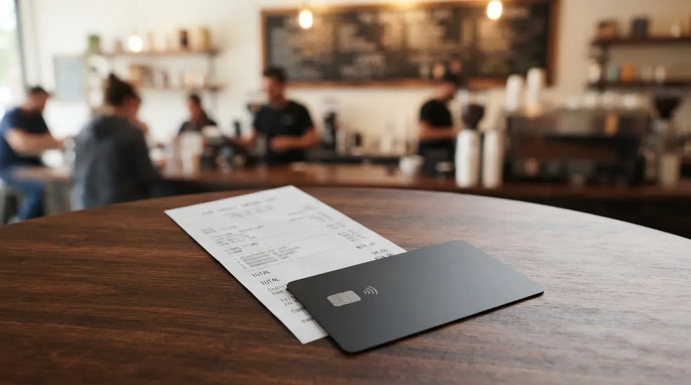 A receipt and a card on a café table