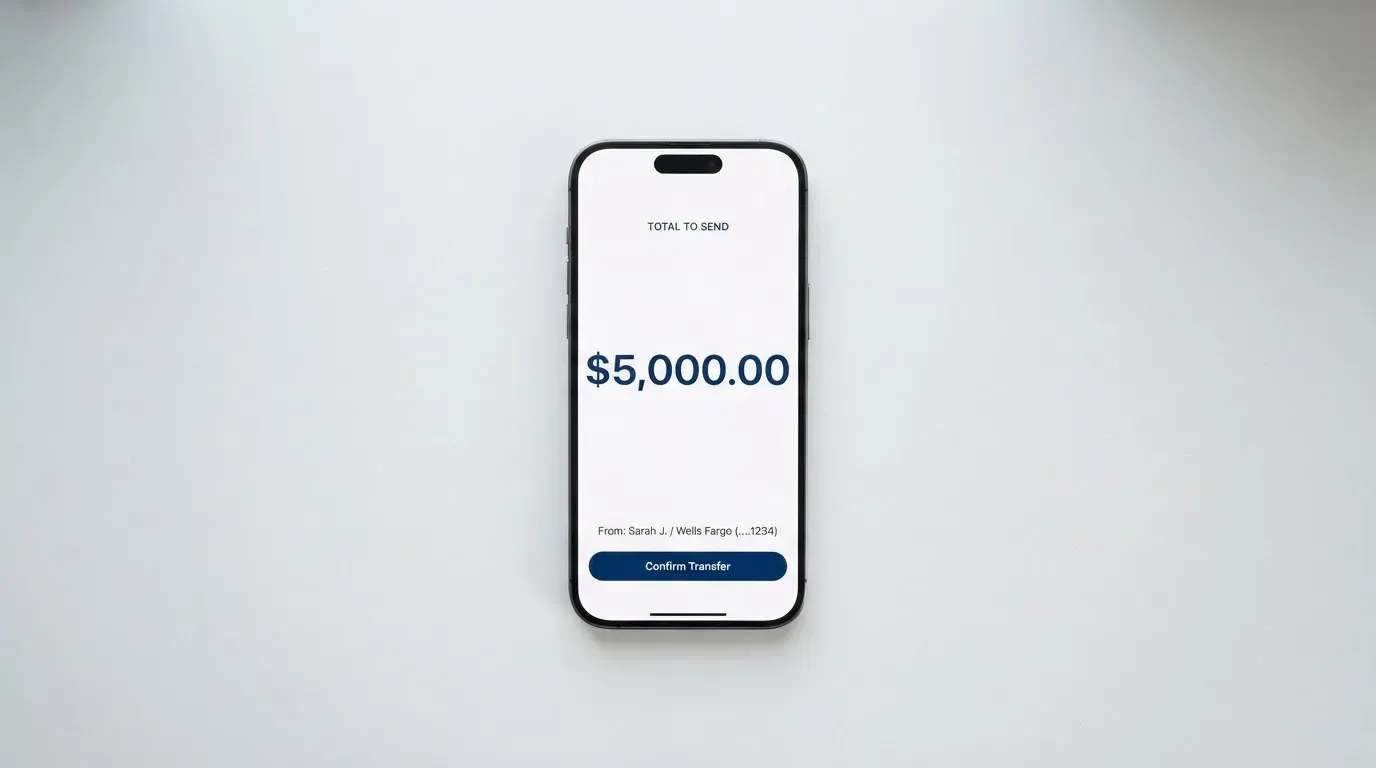A phone showing a stablecoin transfer screen