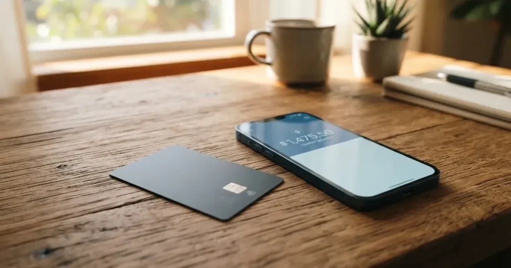 A payment card next to a phone with a crypto wallet app open