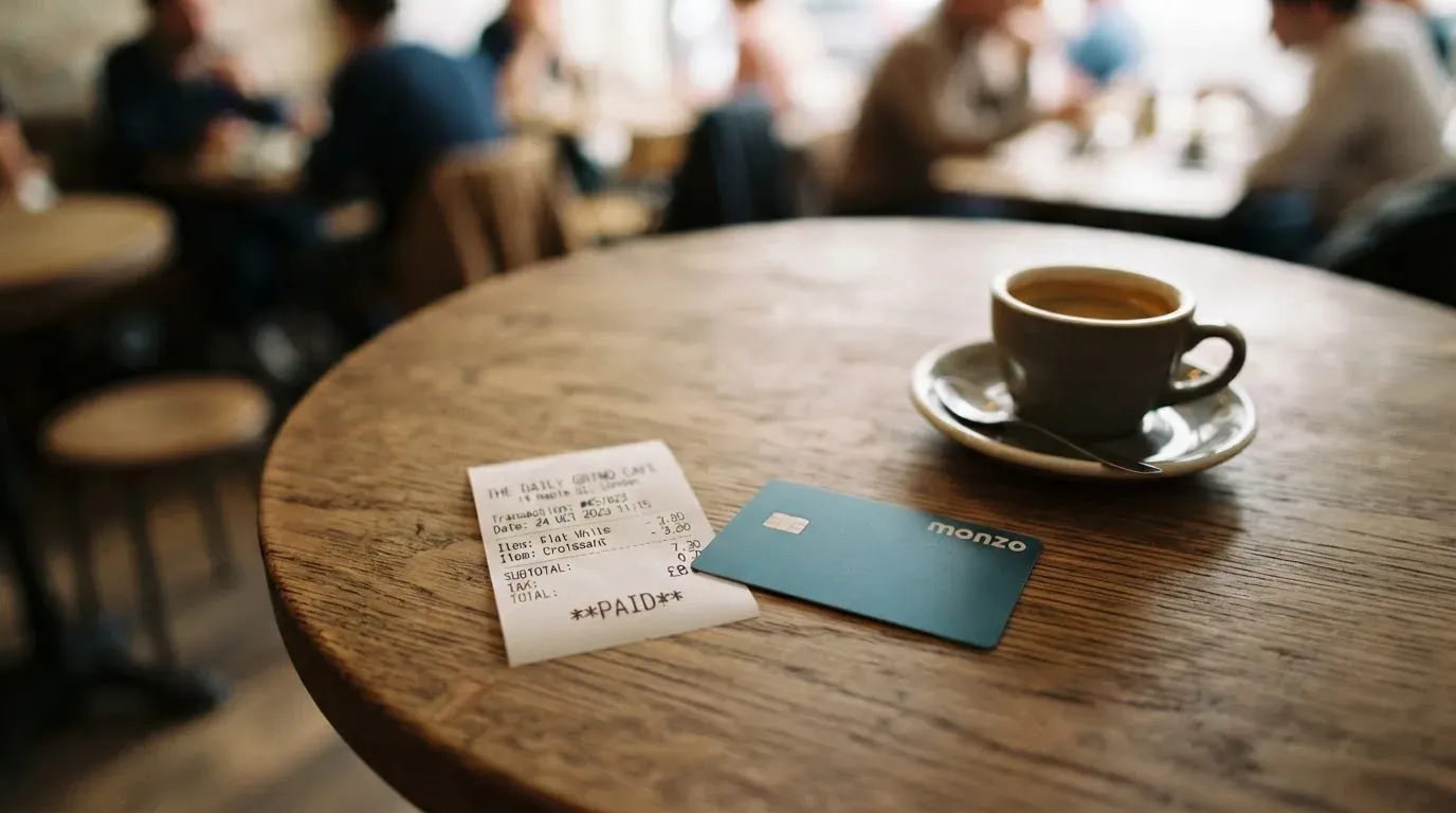 A receipt and a card on a café table