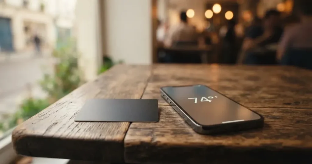 A payment card next to a phone with a crypto wallet app open