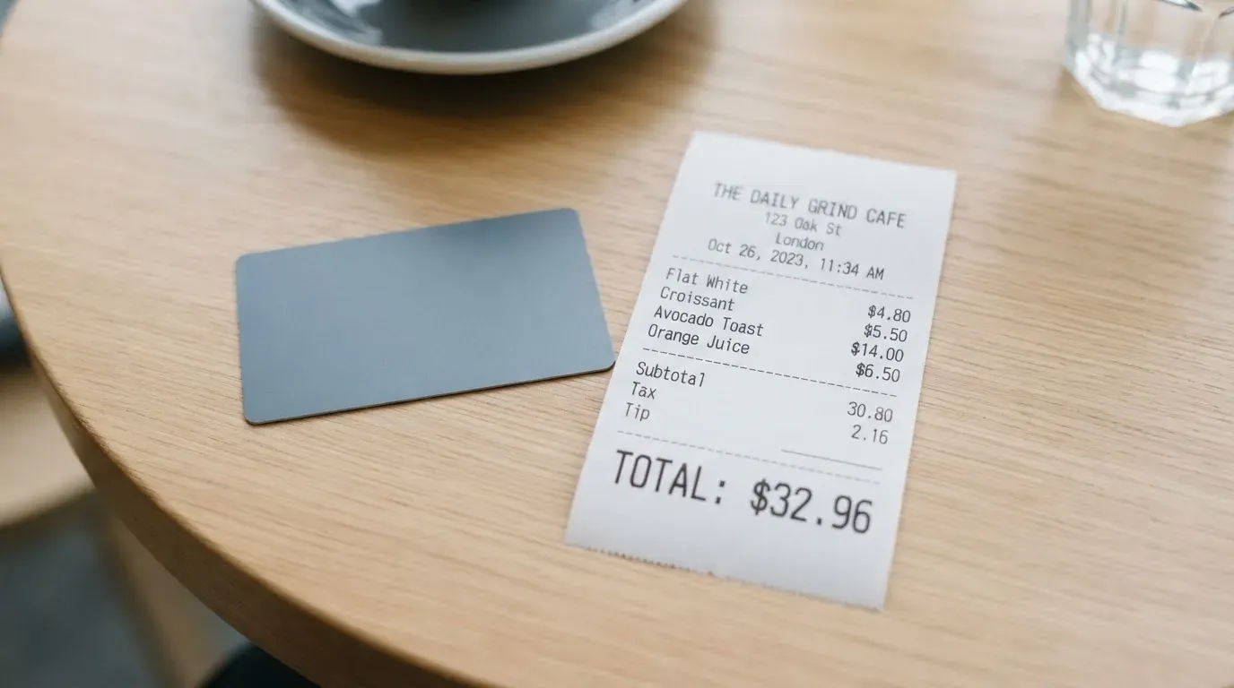A receipt and a card on a café table