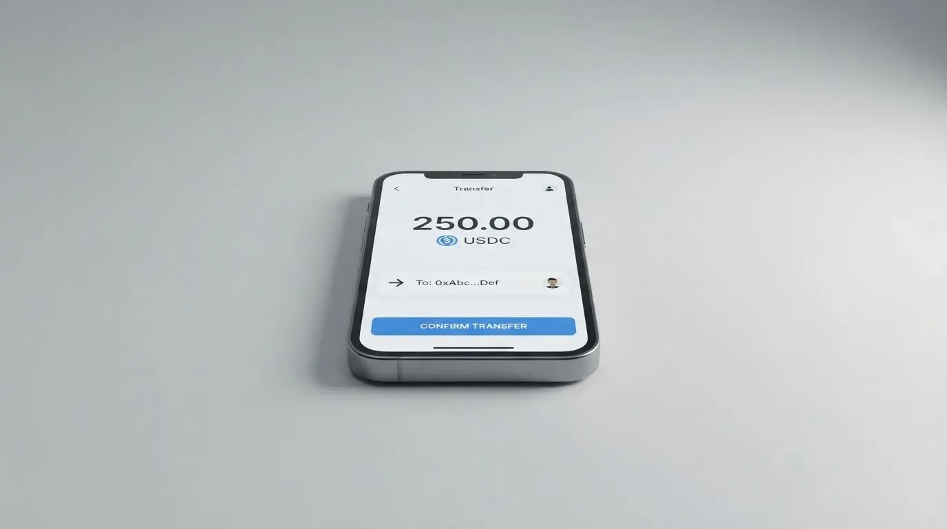 A phone showing a stablecoin transfer screen