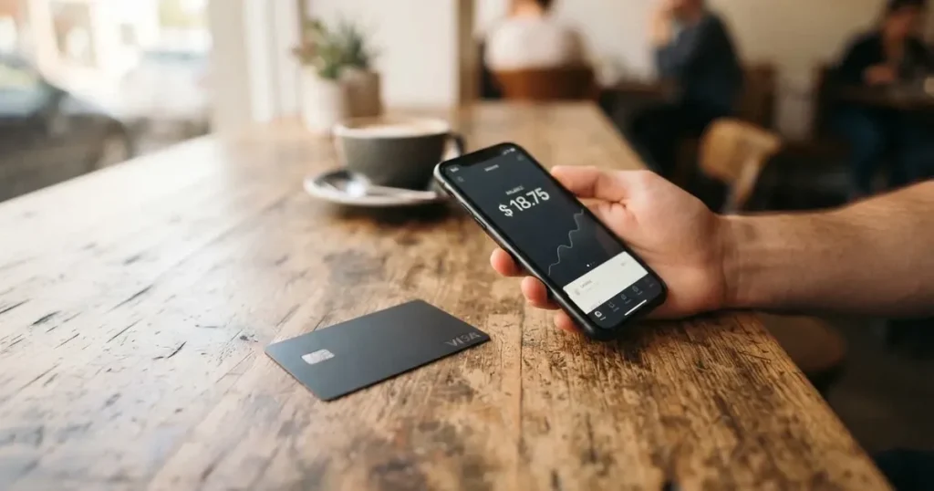 A payment card next to a phone with a crypto wallet app open