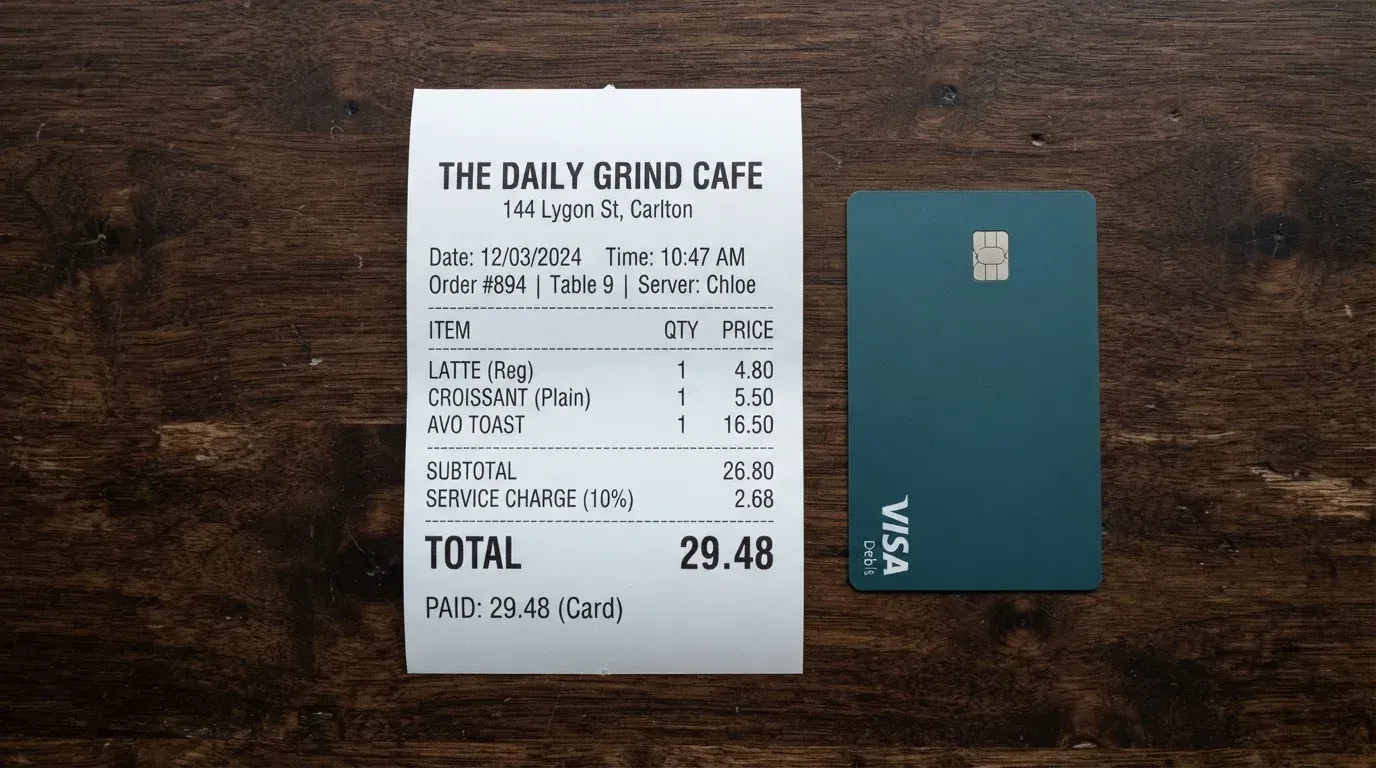 A receipt and a card on a café table