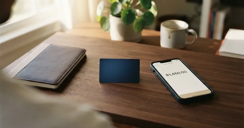 A payment card next to a phone with a crypto wallet app open