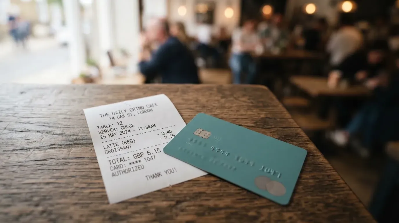 A receipt and a card on a café table