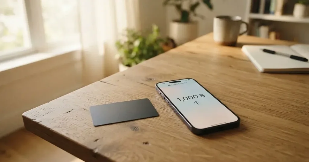 A payment card next to a phone with a crypto wallet app open
