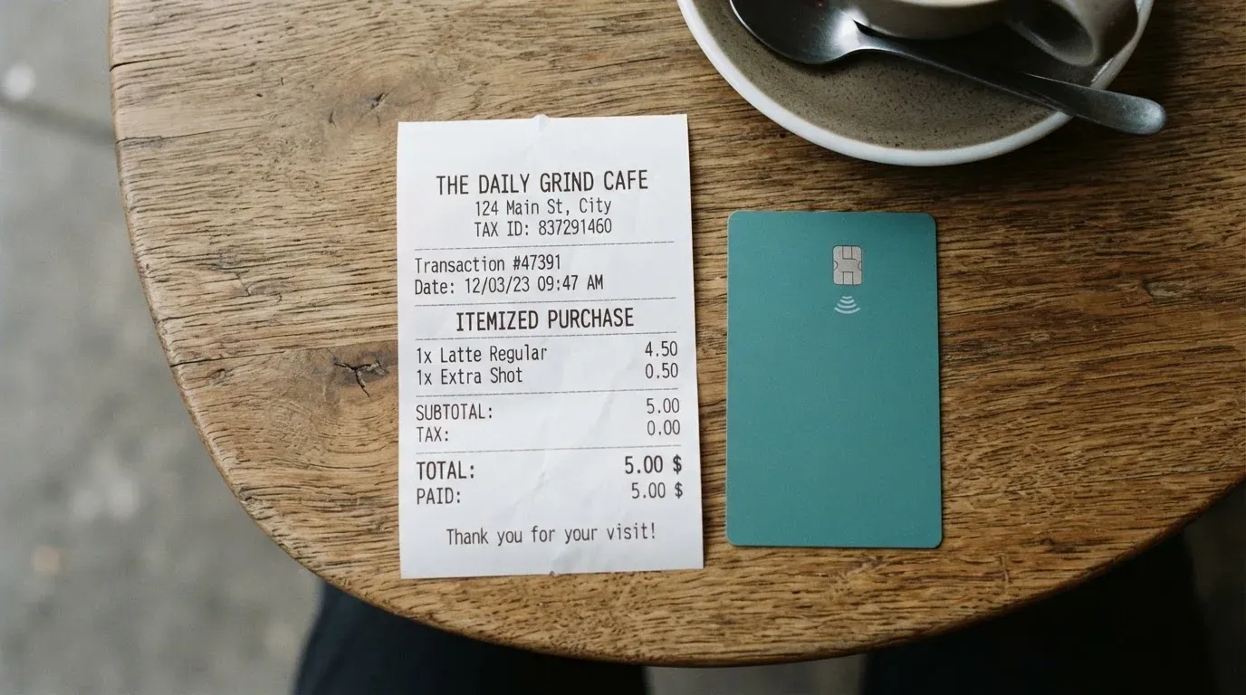 A receipt and a card on a café table
