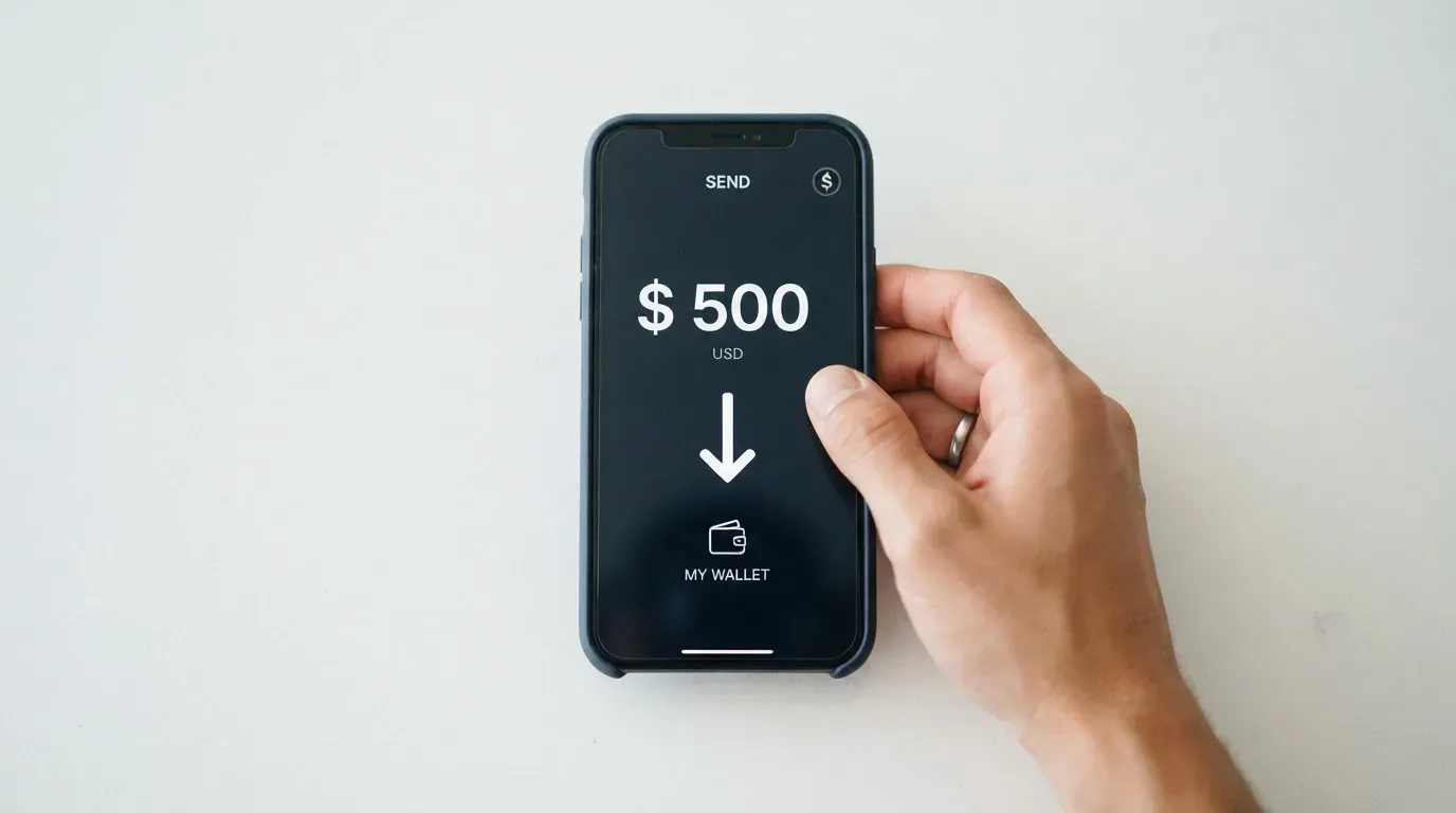 A phone showing a stablecoin transfer screen